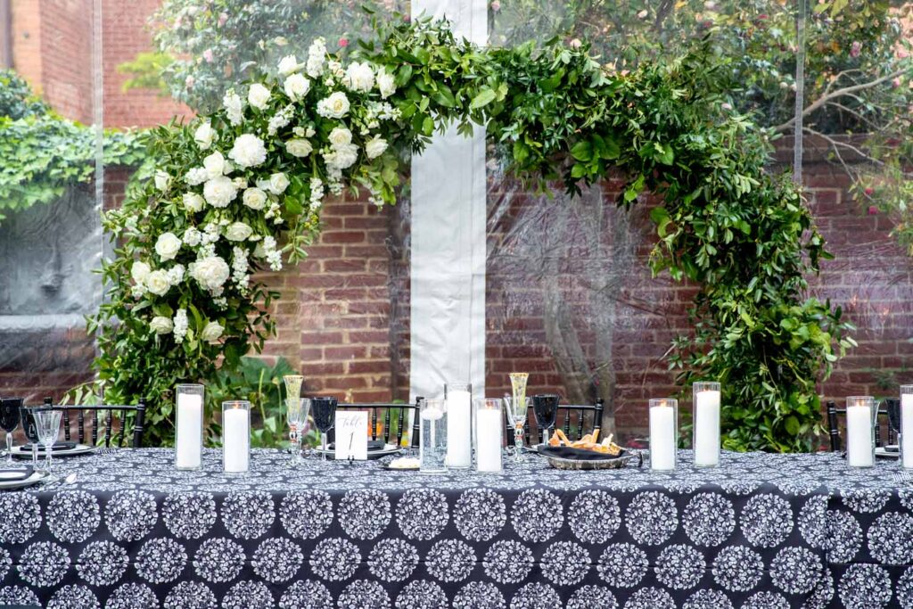 chic black and white Decatur House DC Spring Wedding tented checkerboard floor