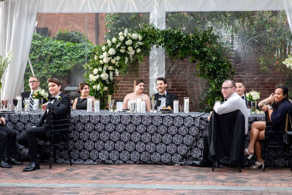 chic black and white Decatur House DC Spring Wedding tented checkerboard floor