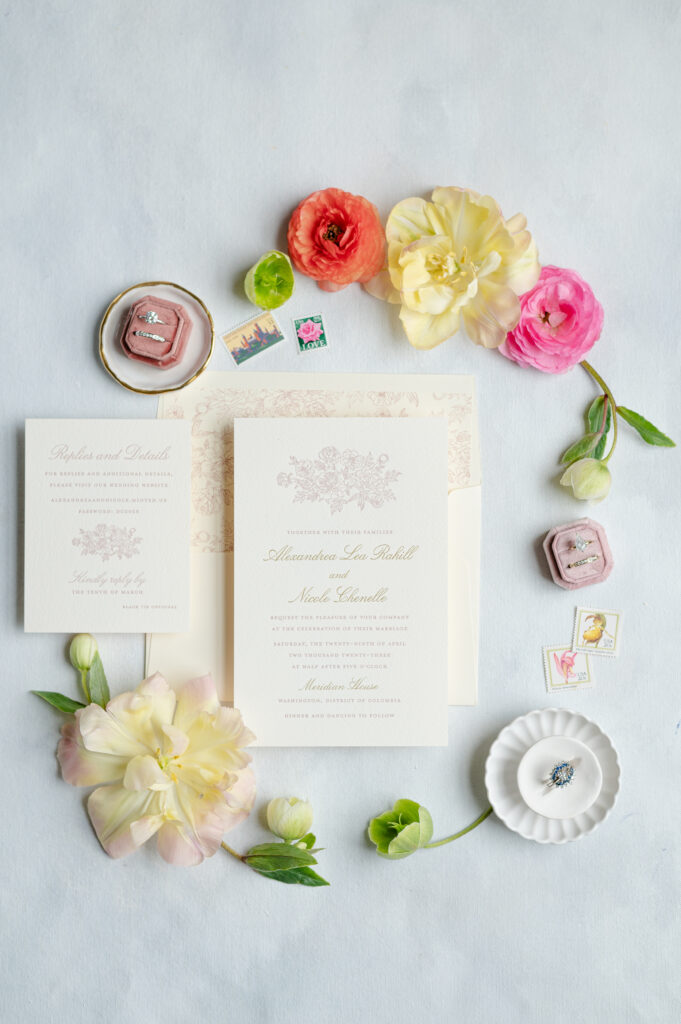 feminine wedding invitation pink and gold floral