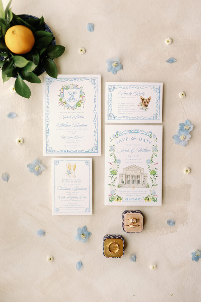 whimsical blue and white wedding invitation 