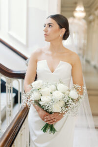 DAR DC winter wedding white and gold bridal bouquet roses