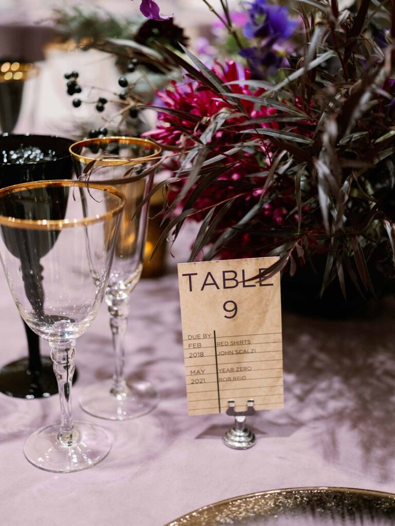 Library card inspired table number purple