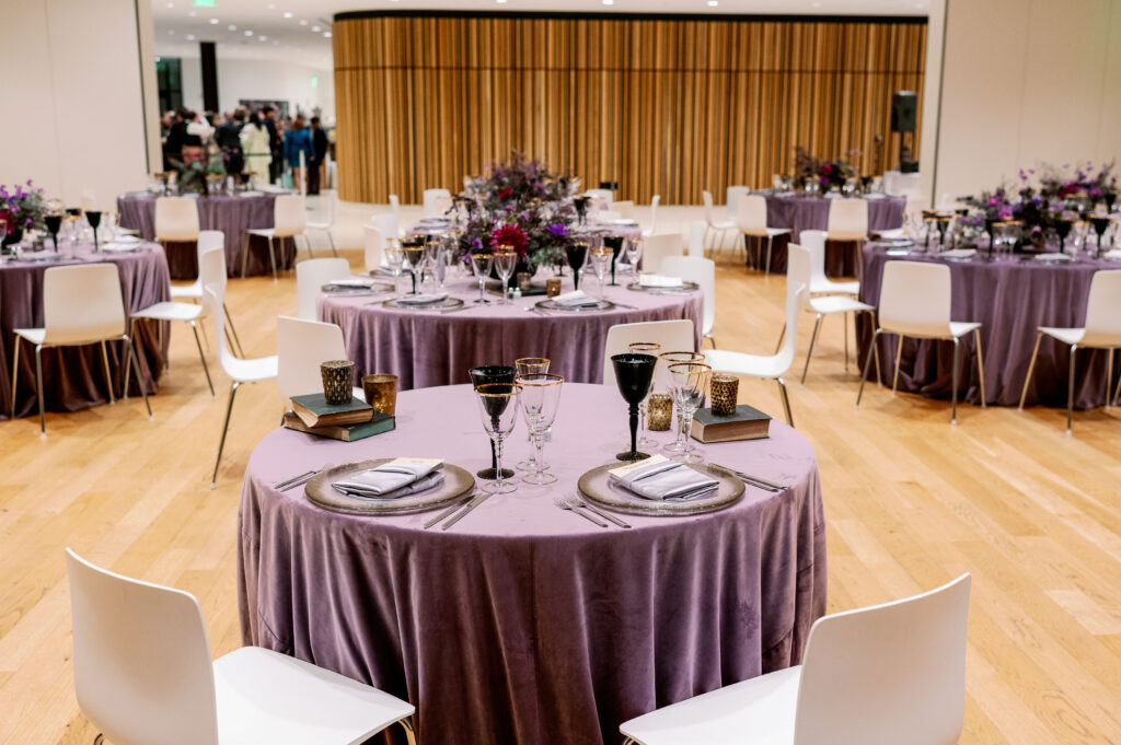 Sweetheart table purple and black MLK Library DC wedding reception rooftop