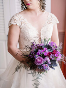 MLK DC rooftop winter wedding purple and black bridal bouquet