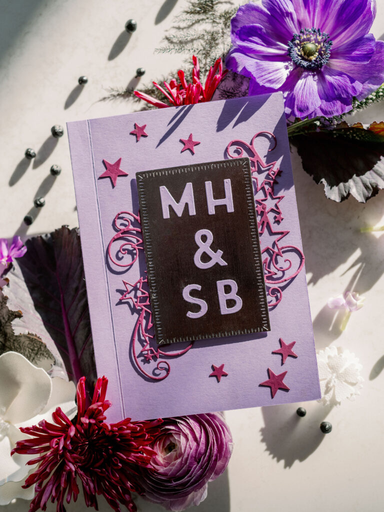 library inspired wedding invitation purple and black