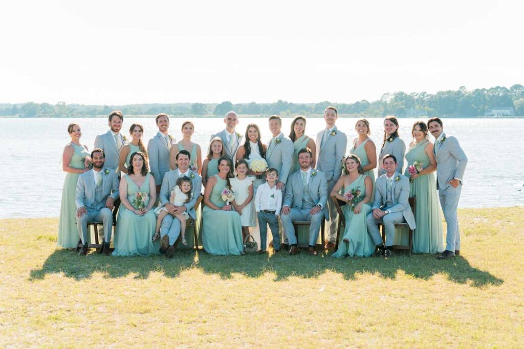 sage bridesmaid dresses and gray groomsmen suits