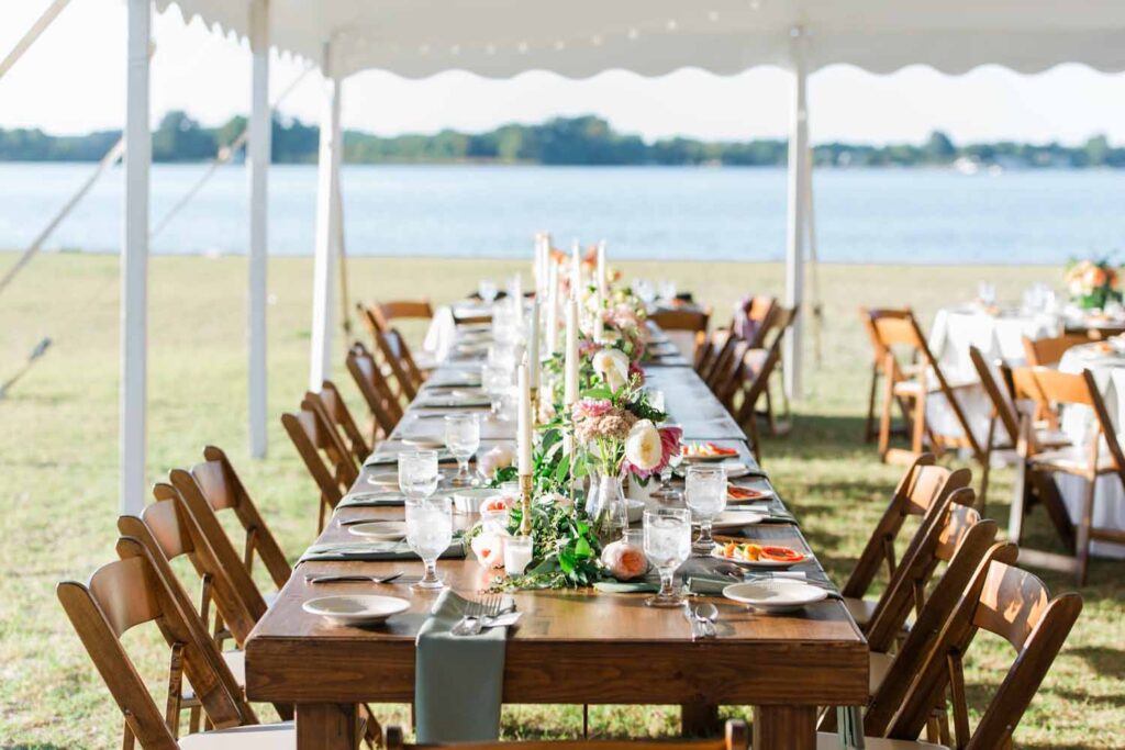 Tred Avon Yacht Club tented wedding reception farm head table