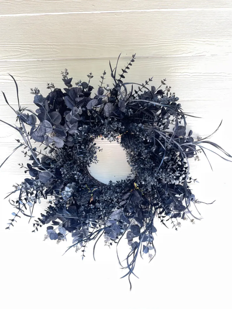 black gothic halloween wreath dried flowers - spooky season decor