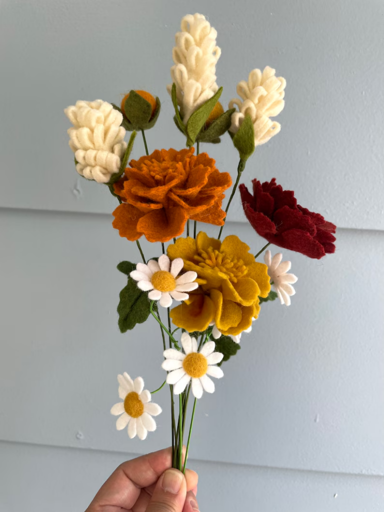 felt flowers in autumnal colors for autumn decor