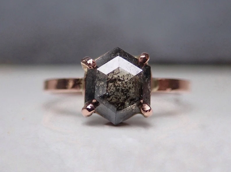 hexagon salt & pepper diamond unique engagement ring