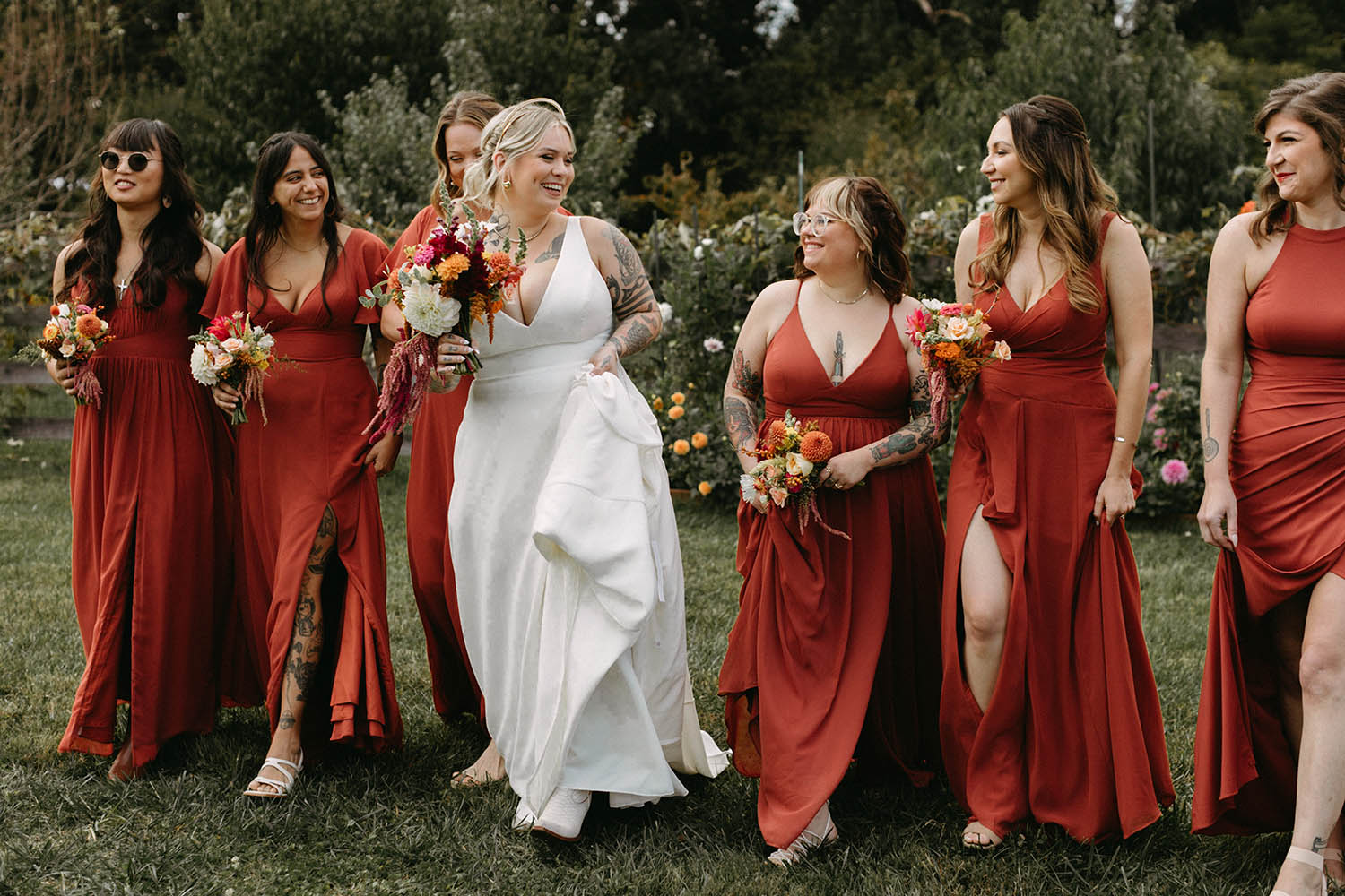 A bride and her bridesmaids in a fall wedding - planned by Bellwether Events