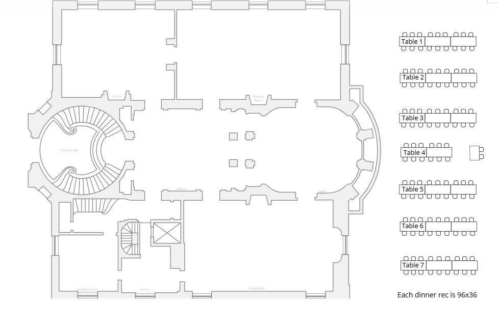 Meridian House floor plan: long tables in the Linden Grove